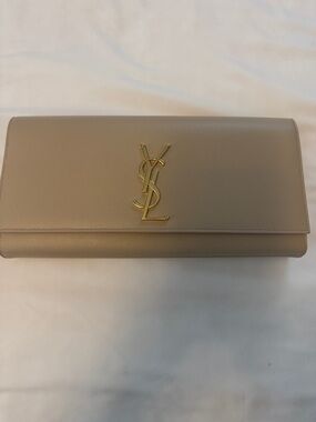 Saint Laurent Beige Leather YSL Monogram Clutch with Gold Hardware